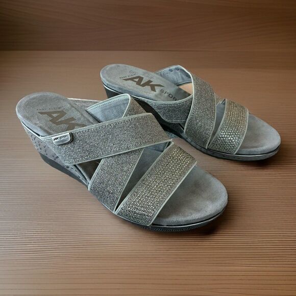 Anne Klein Shoes - Anne Klein Sport Polly Gray Shimmer Cross Strap Wedge Women’s Sandals Size 6M